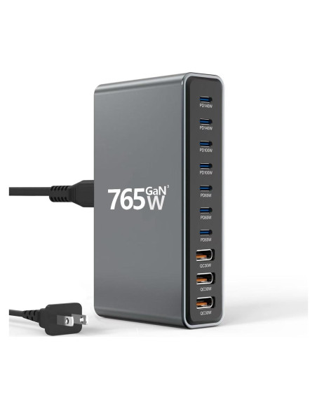 Estación de Carga 10 Puertos GaN 765W para Dispositivos Móviles