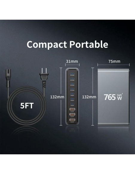 Estación de Carga 10 Puertos GaN 765W para Dispositivos Móviles