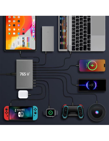 Estación de Carga 10 Puertos GaN 765W para Dispositivos Móviles