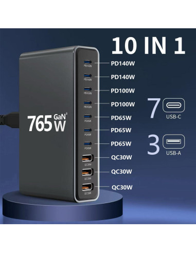 Estación de Carga 10 Puertos GaN 765W para Dispositivos Móviles