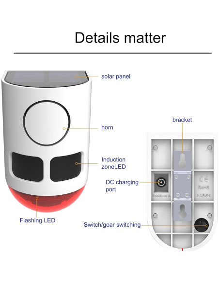 Alarma Solar de Movimiento QXMH 110dB con Luz Estroboscópica