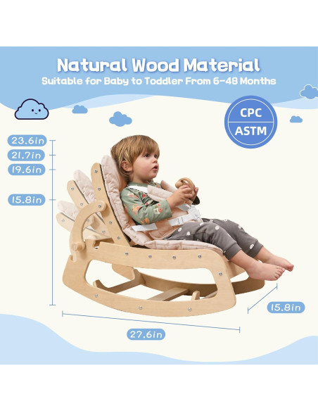 Silla Mecedora Ajustable para Bebés de Madera 3 en 1 Beige