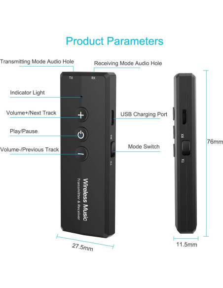 Transmisor Receptor Bluetooth 5.3 Amalong 3-en-1 Inalámbrico
