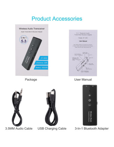 Transmisor Receptor Bluetooth 5.3 Amalong 3-en-1 Inalámbrico