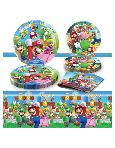 Suministros de Fiesta de Cumpleaños Mario - 20 Platos, 20 Servilletas, 1 Mantel
