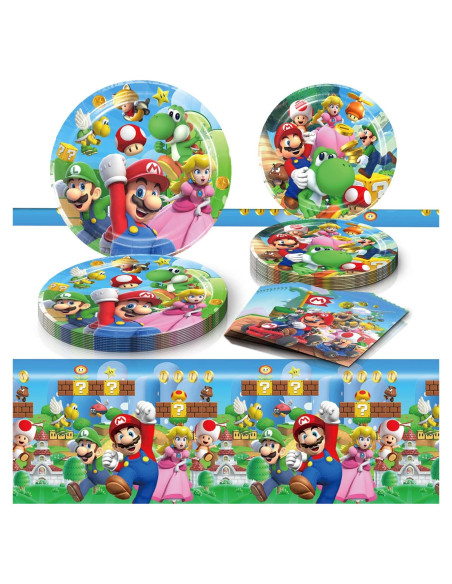 Suministros de Fiesta de Cumpleaños Mario - 20 Platos, 20 Servilletas, 1 Mantel