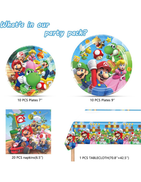 Suministros de Fiesta de Cumpleaños Mario - 20 Platos, 20 Servilletas, 1 Mantel