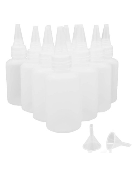 10 Botellas de Plástico Transparentes 60ml Ryhn con 2 Embudos