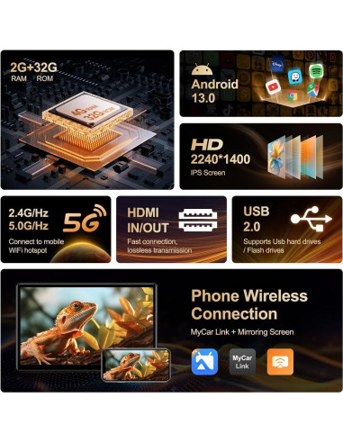 Monitor de respaldo AINAVIGO 14" Android 13 2+32GB WiFi