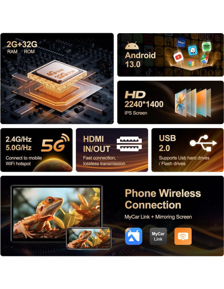 Monitor de respaldo AINAVIGO 14" Android 13 2+32GB WiFi