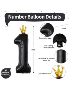 Globo Número 1 Corona Negra 101,6 cm para Cumpleaños 2