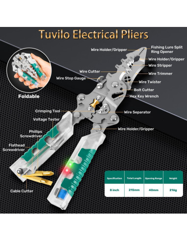 Alicates Eléctricos Tuvilo 18 en 1 con Probador de Voltaje
