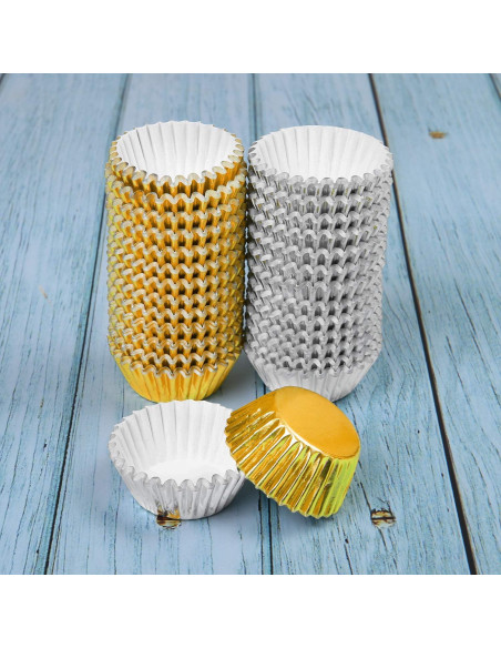Elcoho 600 Mini Forros Metálicos para Cupcakes Dorado y Plateado