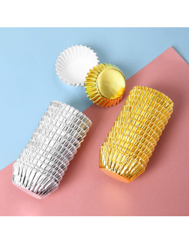 Elcoho 600 Mini Forros Metálicos para Cupcakes Dorado y Plateado