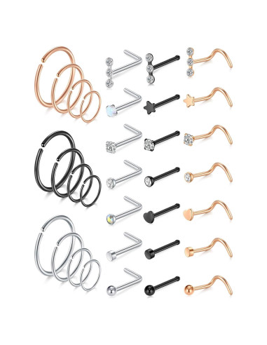 Aros Nasales MODRSA 20g Acero Quirúrgico Hipoalergénico 12 Piezas