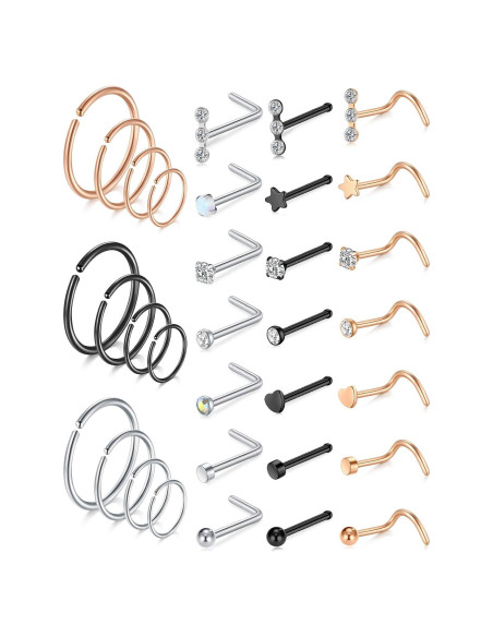 Aros Nasales MODRSA 20g Acero Quirúrgico Hipoalergénico 12 Piezas
