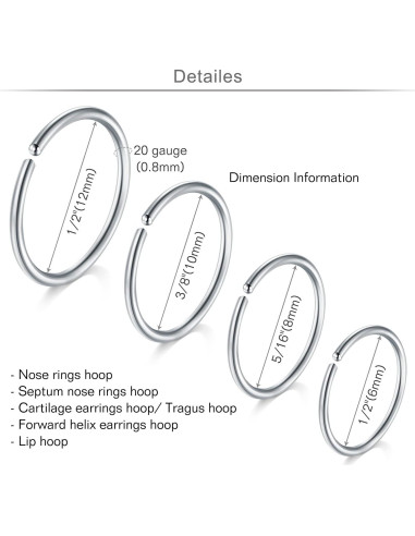 Aros Nasales MODRSA 20g Acero Quirúrgico Hipoalergénico 12 Piezas