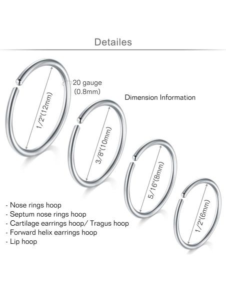 Aros Nasales MODRSA 20g Acero Quirúrgico Hipoalergénico 12 Piezas