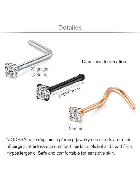 Aros Nasales MODRSA 20g Acero Quirúrgico Hipoalergénico 12 Piezas