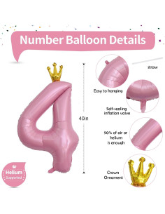 Globo de Número 4 Rosa Crown 100 cm para Fiestas 2