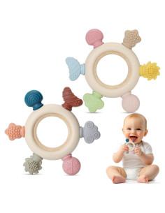 2 Juguetes de Dentición para Bebés Silicona y Madera Natural
