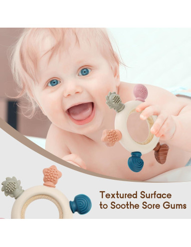 2 Juguetes de Dentición para Bebés Silicona y Madera Natural