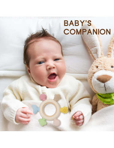 2 Juguetes de Dentición para Bebés Silicona y Madera Natural