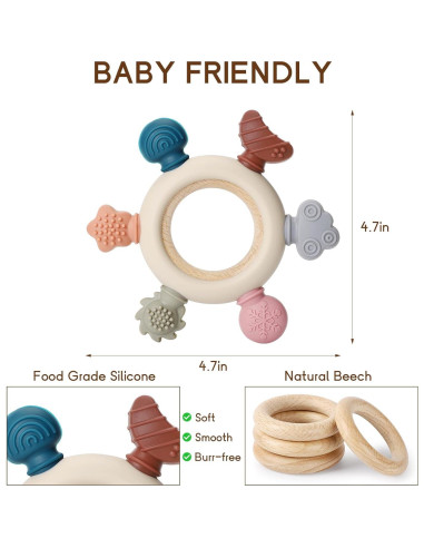 2 Juguetes de Dentición para Bebés Silicona y Madera Natural