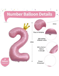 Globo de Número 2 Rosa con Corona 101,6 cm para Cumpleaños 2