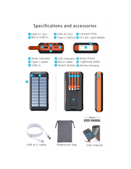 Banco de Energía Solar 49800mAh Cargador Rápido Inalámbrico