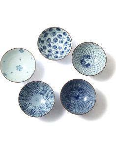 Juego de 5 Cuencos de Cerámica Japonesa Mino Ware - Azul y Blanco 2