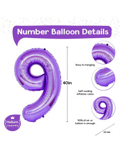 Globo de Número 9 Púrpura 101,6 cm Autoinflable para Fiestas 2