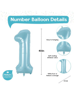 Globo Número 1 Azul Claro 101,6 cm Autoinflable Fiesta 2