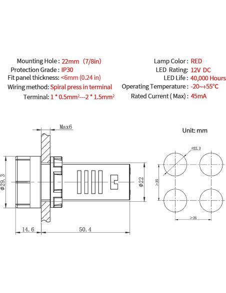 Zumbador Piezo 12V CC/CA LED Rojo 22mm ZJWZJH 2Pcs