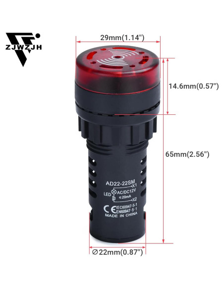 Zumbador Piezo 12V CC/CA LED Rojo 22mm ZJWZJH 2Pcs