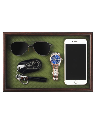 Bandeja de Valet Zosenley de Madera y Cuero Verde 20x30cm