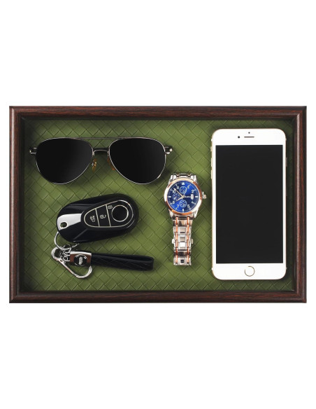 Bandeja de Valet Zosenley de Madera y Cuero Verde 20x30cm