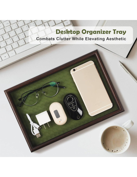 Bandeja de Valet Zosenley de Madera y Cuero Verde 20x30cm