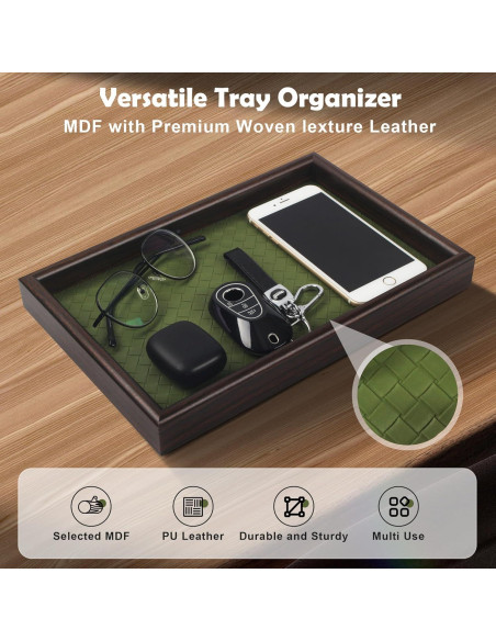 Bandeja de Valet Zosenley de Madera y Cuero Verde 20x30cm