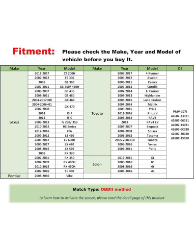 Sensor TPMS Marsflex 42607-33021 para Toyota y Lexus - Juego de 4
