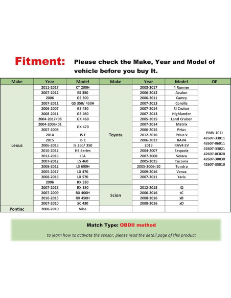 Sensor TPMS Marsflex 42607-33021 para Toyota y Lexus - Juego de 4
