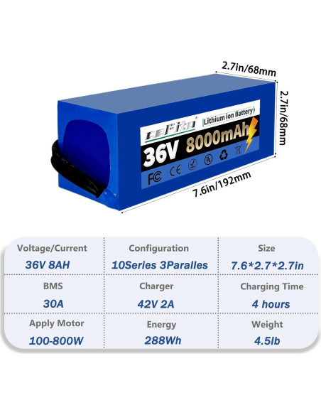 Batería de Litio 36V 8Ah Cefito para Ebike y Scooters