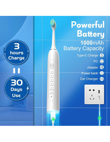 Cepillo de Dientes Eléctrico IYGLKD Impermeable 6 Modos 30 Días Batería