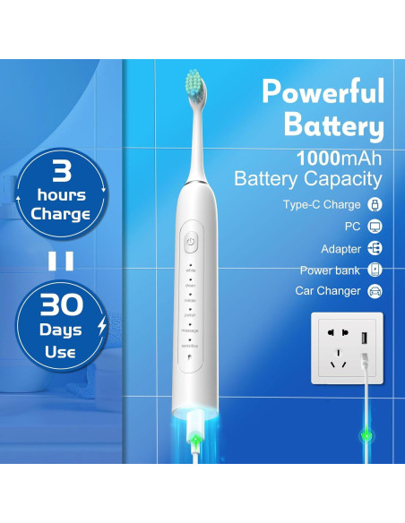 Cepillo de Dientes Eléctrico IYGLKD Impermeable 6 Modos 30 Días Batería