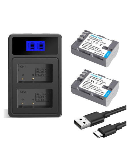 Baterías y Cargador GKUGEYGO EN-EL3E para Nikon DSLR - 2 Pzs