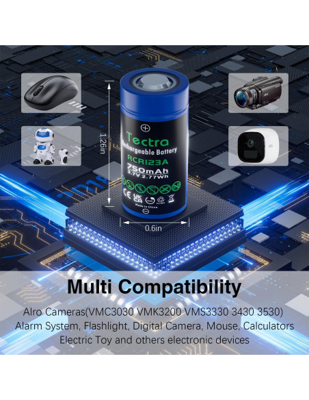 Baterías Recargables Tectra 123A 3.7V 750mAh Paquete de 12