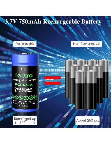 Baterías Recargables Tectra 123A 3.7V 750mAh Paquete de 12