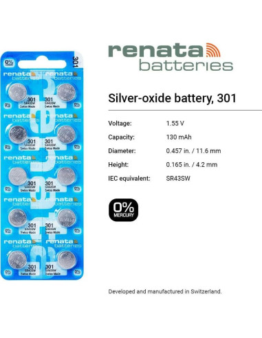 Baterías de Óxido de Plata Renata 301 SR43SW - 1.55V (2 Unidades)