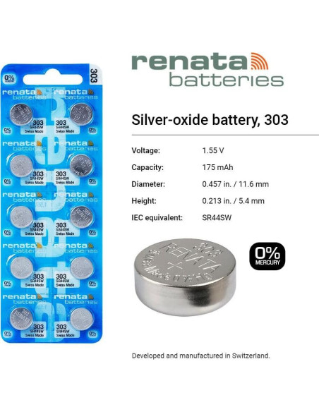 Baterías de Óxido de Plata Renata 303 SR44SW - 1.55V (2 Unidades)