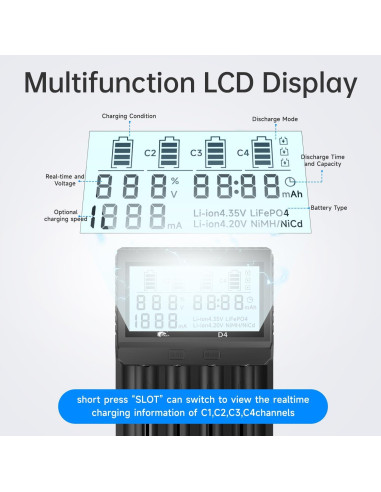 Cargador de Baterías IMREN D4 4 Bahías LCD 1000mA 18650 21700